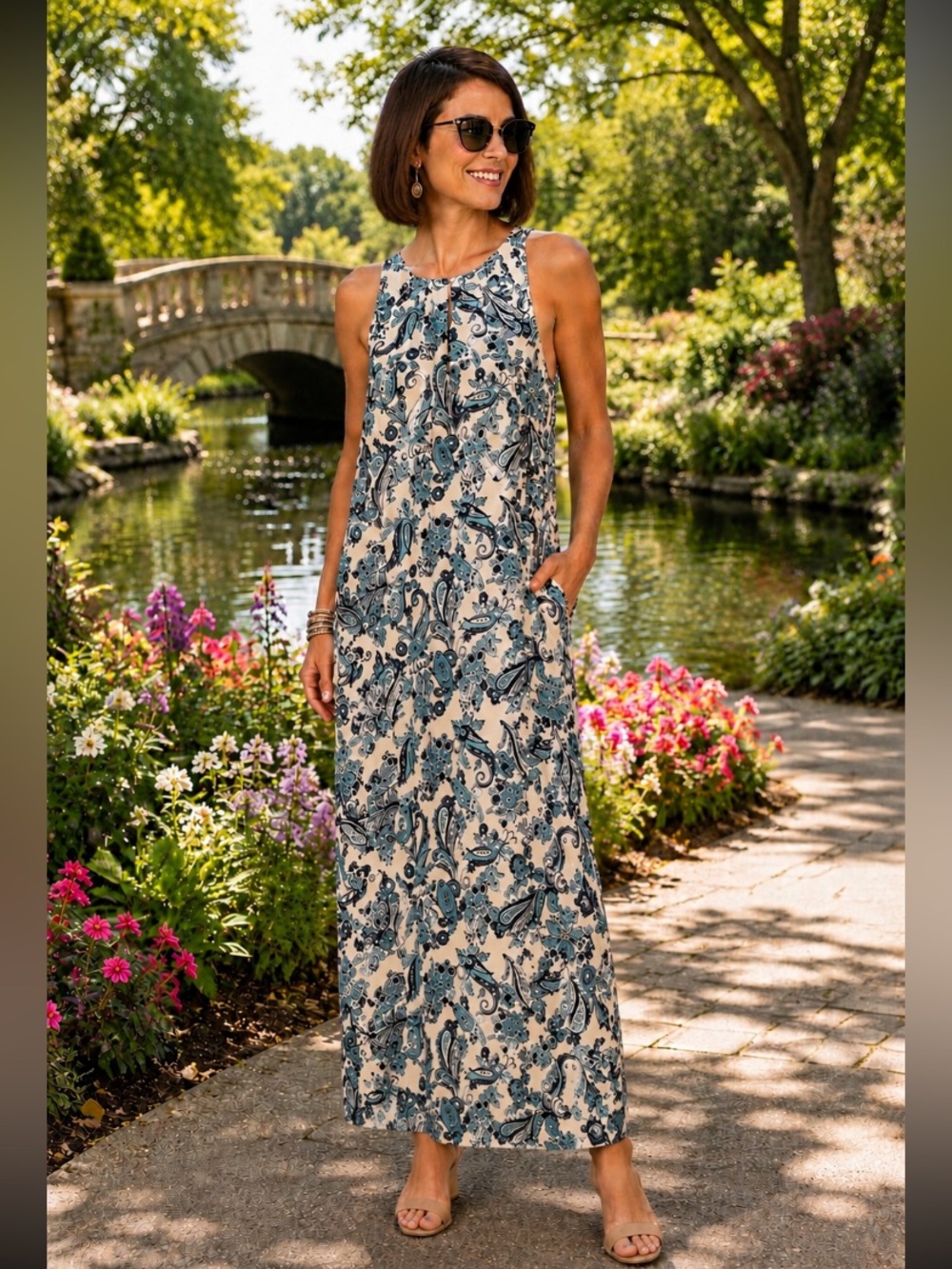 LOFT Cream Dress - Teal/Navy Floral Print Size 8